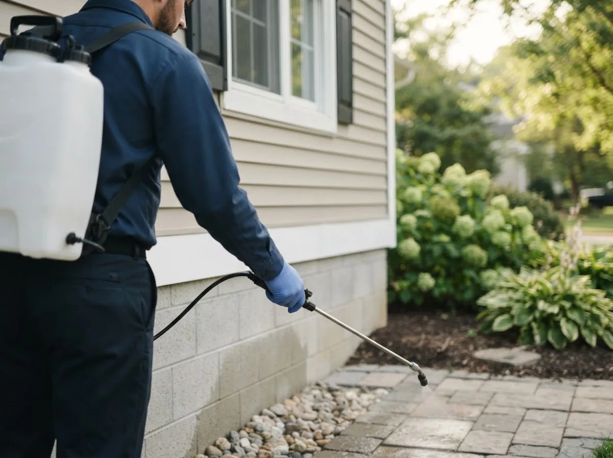 Pest control technician inspecting a home in Clarksburg, OH